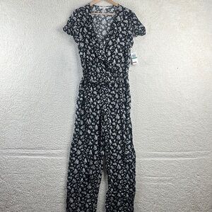 NWT Kingston Grey Womens Black Floral Ruffle Surplice Neck Jumpsuit L LARGE